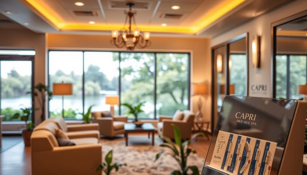 A serene medical spa interior with warm lighting and a welcoming atmosphere. In the foreground, a Capri Med Spa display showcases various skin rejuvenation treatments, including Juvéderm. The middle ground features a comfortable waiting area with plush seating and soothing greenery. The background depicts a large window overlooking the lush foliage of Toluca Lake, creating a calming and restorative ambiance. The overall scene conveys a sense of relaxation and professionalism, reflecting the care and attention to detail offered by the Capri Med Spa.