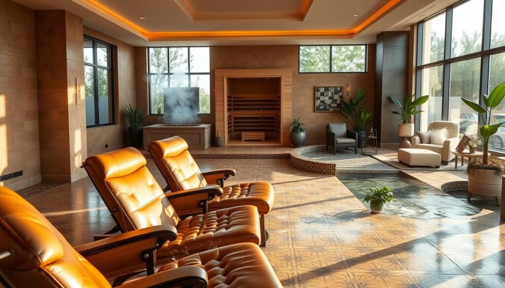 A serene men's wellness spa in Altadena, California. Warm natural lighting filters through large windows, casting a gentle glow on the luxurious interior. In the foreground, plush leather recliners invite guests to unwind. Intricately patterned tiles adorn the floors, while soothing water features provide a calming ambiance. The middle ground showcases a state-of-the-art sauna and steam room, steam billowing gently. In the background, a tranquil lounge area with cozy furnishings and potted plants creates an inviting retreat. The overall atmosphere exudes a sense of rejuvenation and wellness, perfectly capturing the essence of Capri Med Spa.
