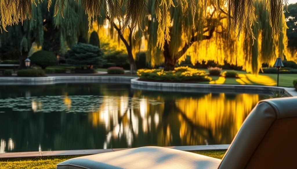 A serene oasis in the heart of Toluca Lake, with a tranquil pond reflecting the lush greenery of the surrounding park. Warm, golden sunlight filters through the swaying trees, casting a gentle glow on the scene. In the foreground, a plush lounge chair invites visitors to sink in and savor the moment of pure relaxation. The Capri Med Spa logo discreetly adorns a decorative plaque, hinting at the luxury and rejuvenation that awaits nearby. An atmosphere of peace and mindfulness pervades the entire composition, encouraging deep breaths and a sense of inner calm.