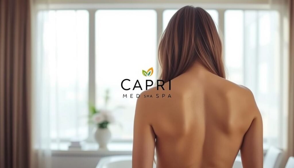 A serene, spa-like setting featuring a woman's back in the foreground, showcasing the benefits of stretch mark removal. Soft, natural lighting from a large window bathes the scene, highlighting smooth, flawless skin. In the middle ground, a Capri Med Spa logo discreetly appears, conveying the professional, high-quality treatment. The background is blurred, creating a sense of tranquility and focus on the central subject. The overall mood is one of confidence, comfort, and the restorative power of effective stretch mark removal.
