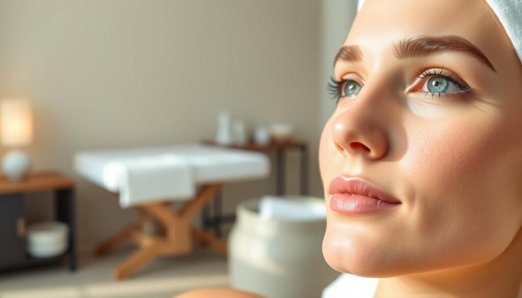 A serene, spa-like setting showcasing the Capri Med Spa's acne facial treatment. In the foreground, a close-up of a radiant, youthful face with a glowing, blemish-free complexion. Soft, natural lighting bathes the scene, highlighting the tranquil ambiance. In the middle ground, an elegant treatment table with soothing, minimalist decor. The background features a calming, neutral-toned wall, creating a sense of relaxation and rejuvenation. The overall composition conveys the expected results of the Capri Med Spa's acne facial: a flawless, rejuvenated complexion.