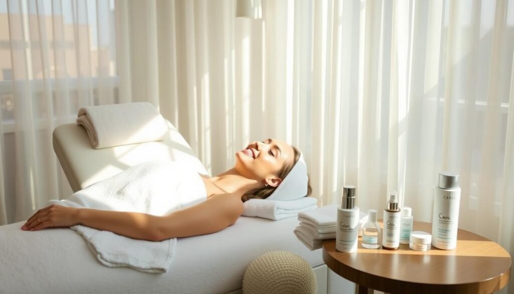 A serene, sunlit facial treatment room at Capri Med Spa, with a luxurious chaise lounge and plush towels. A woman reclines, her skin glowing after a rejuvenating facial, her expression peaceful and relaxed. Gentle natural light filters through sheer curtains, casting a warm, ambient glow. The room is adorned with minimal, elegant decor, creating a soothing, spa-like atmosphere. A selection of skincare products from the Capri Med Spa line is displayed on a sleek, wooden side table, hinting at the personalized, high-quality treatments available.