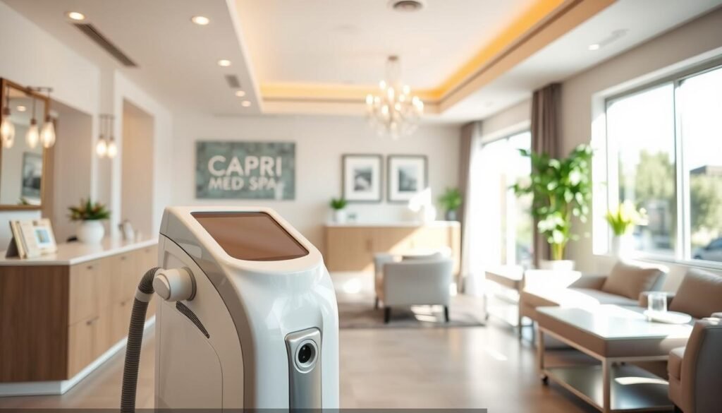 A serene, well-lit interior of the Capri Med Spa in Toluca Lake, featuring a modern, minimalist aesthetic with clean lines and neutral tones. In the foreground, a sleek, professional-grade laser hair removal device takes center stage, its advanced technology ready to provide affordable, effective treatments. In the middle ground, a welcoming receptionist's desk and comfortable waiting area set the stage for a relaxing and rejuvenating experience. The background showcases the spa's attention to detail, with tasteful decor and large windows allowing natural light to flood the space, creating a calming and inviting atmosphere.