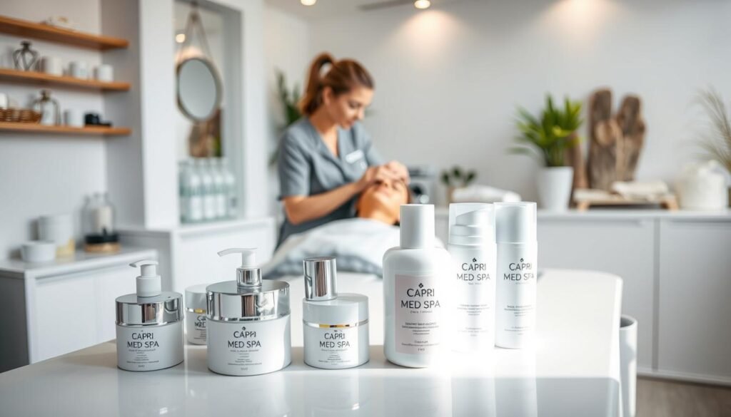 A serene, well-lit medical spa interior. In the foreground, an array of anti-aging skincare products from the Capri Med Spa line, meticulously arranged on a pristine white table. The middle ground features a cosmetologist demonstrating a cutting-edge facial treatment, her hands gently massaging a client's face. In the background, a soothing, minimalist decor with soft lighting, calming neutral tones, and natural elements like plants and stone accents, creating a tranquil, rejuvenating atmosphere.