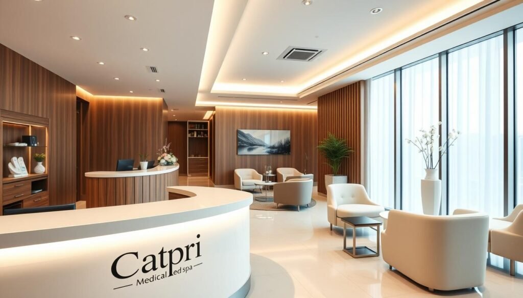 A sleek, modern medical spa interior with a minimalist design aesthetic. The lobby features clean lines, warm wood accents, and soft lighting that creates a calming, serene atmosphere. In the foreground, a reception desk with the "Capri Med Spa" logo is prominently displayed, conveying professionalism and attention to detail. In the middle ground, comfortable seating areas invite patients to relax while they consider their cosmetic treatment options, including beauty injections. The background showcases floor-to-ceiling windows that let in natural light, giving the space an open, airy feel. The overall mood is one of tranquility, luxury, and high-quality medical care.