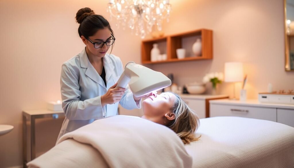 A spa-like scene of a customer enjoying IPL treatment at Capri Med Spa in Altadena. The treatment room is bathed in warm, diffused lighting, creating a soothing ambiance. The client lies comfortably on a padded treatment table, their face partially obscured by the IPL device. The skilled technician, dressed in a crisp white lab coat, carefully operates the machine, their movements precise and attentive. In the background, soft pastel tones and clean, minimalist decor evoke a sense of tranquility and professionalism. The overall atmosphere conveys the high-quality, personalized experience customers can expect at Capri Med Spa.