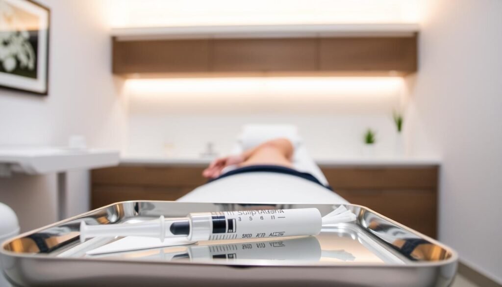 A sterile, well-lit examination room at Capri Med Spa. In the foreground, a tray holding a syringe, alcohol swabs, and the Sculptra Altadena vial. A soft, diffused light illuminates the scene, creating a calming, clinical atmosphere. The middle ground features the patient's arm resting comfortably on the examination table, ready for the Sculptra Altadena injection. The background showcases modern, minimalist decor in soothing neutral tones, exuding a sense of professionalism and care. The overall composition highlights the attention to detail and expertise expected at Capri Med Spa during the Sculptra Altadena treatment preparation.