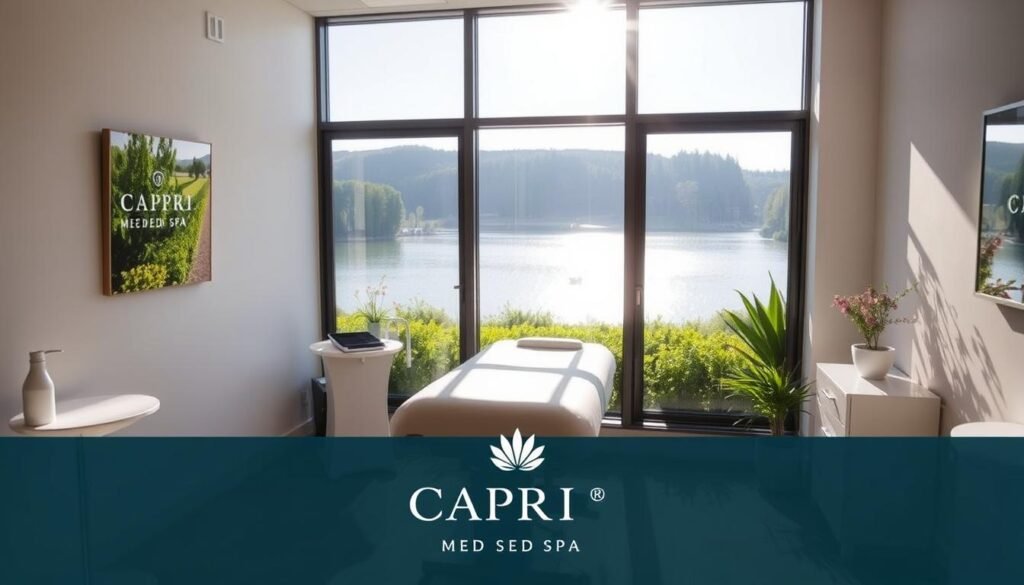 A tranquil day at the Capri Med Spa in Toluca Lake, California. The sun-dappled IPL (Intense Pulsed Light) treatment room features sleek, modern decor and serene, natural lighting filtering through large windows. The treatment table is positioned in the center, inviting patients to relax and experience the rejuvenating benefits of IPL skin therapy. In the background, lush greenery and a picturesque view of the lake create a calming, spa-like ambiance. The Capri Med Spa brand is subtly incorporated, reflecting the clinic's commitment to high-quality, personalized care.
