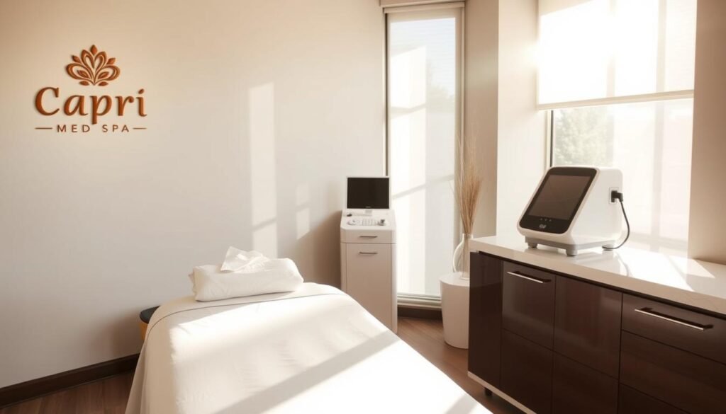 A tranquil medical spa interior, bathed in soft natural light filtering through large windows. In the foreground, a comfortable treatment table stands ready, adorned with clean white linens. Capri Med Spa's logo is subtly displayed on the wall, conveying a sense of professionalism and expertise. In the middle ground, state-of-the-art stretch mark removal technology rests on a sleek, modern counter, hinting at the advanced procedures available. The background features soothing, neutral-toned decor, creating a calming and welcoming atmosphere for the patient.