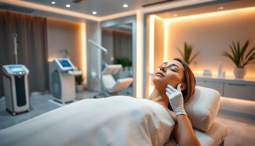 A tranquil scene of a luxurious Capri Med Spa treatment room. In the foreground, a serene model reclines on a plush treatment table, her face undergoing a state-of-the-art facial rejuvenation procedure. Soft, diffused lighting casts a warm, therapeutic glow, while soothing ambient music plays in the background. The middle ground features sleek, modern medical equipment and a calming color palette of whites, grays, and soft blues. The background showcases a zen-like environment, with natural elements like potted plants and a minimalist decor that exudes a sense of relaxation and well-being.