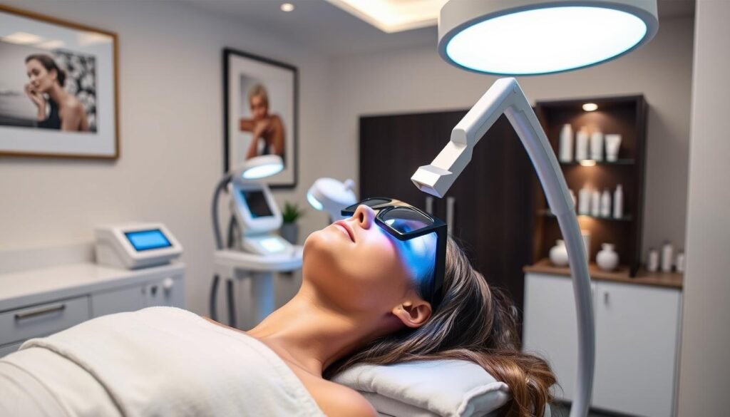 A tranquil, well-appointed medical spa interior showcases a patient undergoing IPL (Intense Pulsed Light) therapy at Capri Med Spa in Altadena. Soft, diffused lighting bathes the space, creating a soothing, professional ambiance. The patient reclines comfortably on a padded treatment table, their face protected by specialized eyewear as the IPL device gently glides across their skin, targeting areas of concern. Sleek, modern medical equipment and discreet shelving housing skincare products subtly accent the serene, calming atmosphere. The overall scene conveys the expertise and care patients can expect during their IPL session at Capri Med Spa.