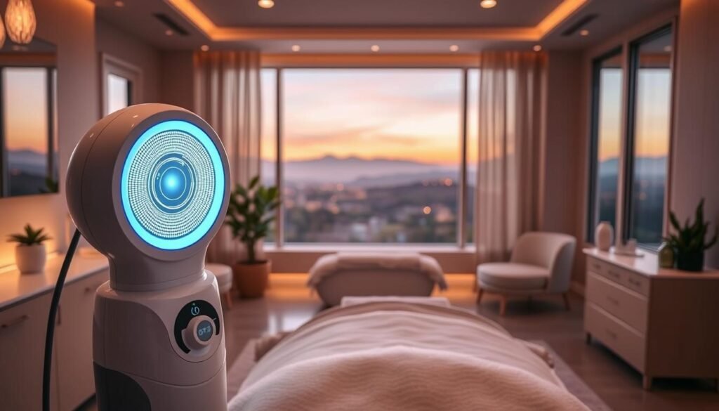 A vibrant and modern medical spa, Capri Med Spa, nestled in the idyllic town of Altadena, showcases its advanced ISR (Intense Stimulated Renewal) treatment. In the foreground, a state-of-the-art medical device emits a soft, pulsing glow, hinting at the innovative technology at work. The middle ground features a calming, minimalist interior design, with clean lines and warm lighting, creating an atmosphere of tranquility and professionalism. In the background, the picturesque Altadena landscape can be seen through large windows, connecting the spa's serene environment to the natural beauty of the surrounding area. The overall impression is one of cutting-edge medical care, expertly blended with a serene and rejuvenating ambiance, perfectly embodying the Capri Med Spa brand.