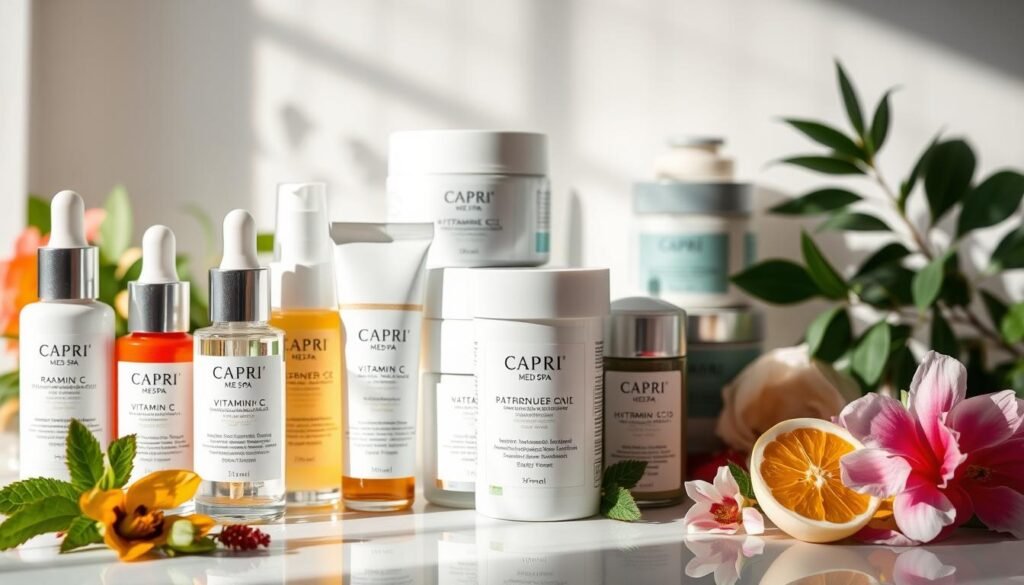 A vibrant still life featuring a selection of brightening facial ingredients from Capri Med Spa. In the foreground, an array of colorful botanical extracts, from radiant vitamin C serums to hydrating hyaluronic acid. The middle ground showcases a variety of luxurious creams and masks, their textures inviting and indulgent. In the background, a soft, diffused light gently illuminates the scene, creating a serene and spa-like atmosphere. The composition is balanced and visually appealing, showcasing the high-quality, nourishing ingredients that make a difference in revitalizing the complexion.