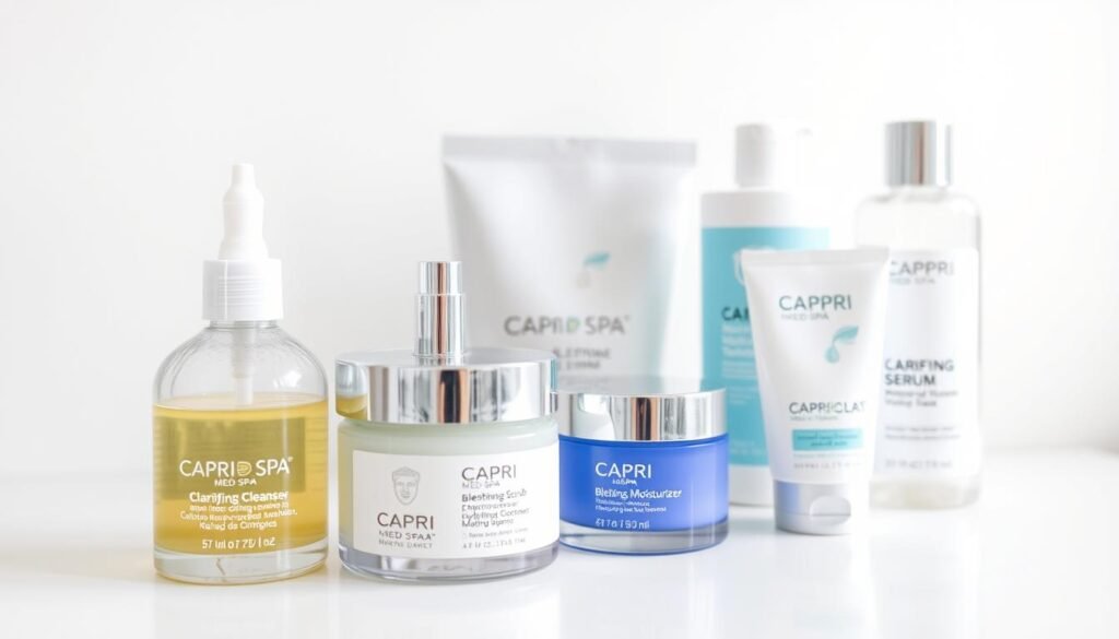 A well-curated selection of skincare products for an acne facial, arranged neatly on a clean white surface. In the foreground, a bottle of Capri Med Spa Clarifying Cleanser, a jar of Capri Med Spa Blemish-Clearing Serum, and a tube of Capri Med Spa Mattifying Moisturizer. In the middle ground, a Capri Med Spa Exfoliating Scrub and a Capri Med Spa Hydrating Mask. In the background, a Capri Med Spa Spot Treatment and a Capri Med Spa Soothing Toner. The lighting is soft and diffused, creating a calm, professional atmosphere. The overall composition conveys a sense of efficiency and efficacy, reflecting the role of carefully selected skincare products in achieving clear, radiant skin.