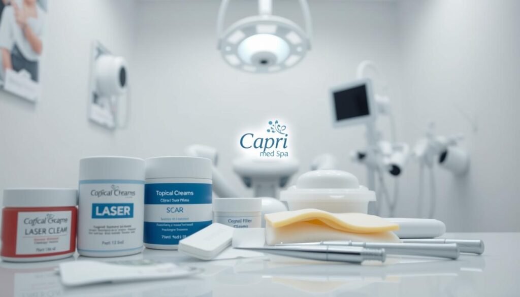 A well-lit and detailed close-up of various scar treatment options, including topical creams, silicone sheets, laser treatments, and dermal fillers. The foreground showcases the products and procedures in a clinical yet inviting manner, with a soft focus on a Capri Med Spa logo in the corner. The middle ground features medical instruments and equipment, conveying a sense of professionalism and expertise. The background is a clean, minimalist medical setting, creating a calming and trustworthy atmosphere.
