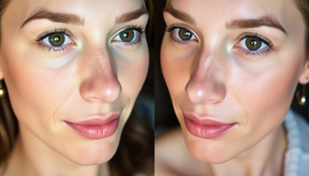 A well-lit close-up photograph of a person's face, showcasing the dramatic before-and-after results of dark spot removal treatment at Capri Med Spa in Altadena. The subject's skin appears radiant and even-toned, with a healthy glow that highlights the effectiveness of the spa's targeted treatments. The image is captured with a shallow depth of field, placing the subject in sharp focus while softening the background, creating a professional, high-quality aesthetic. Soft, directional lighting accentuates the skin's texture and the dramatic reduction in discoloration, demonstrating the transformative power of Capri Med Spa's expertise in this area.