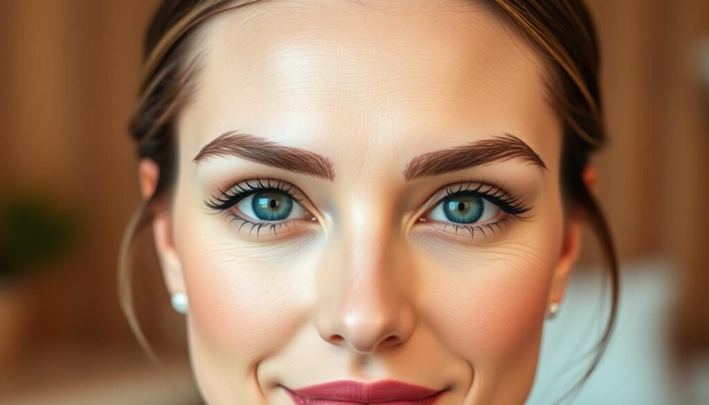 A well-lit close-up portrait of a woman's face, showcasing her naturally elegant permanent makeup. Her brows are perfectly shaped and subtly filled, framing her eyes with a soft, natural appearance. The skin around her eyes is smooth and luminous, with a subtle sheen that reflects the studio lighting. In the background, a blurred, warm-toned setting suggests a serene, spa-like atmosphere, hinting at the high-quality services of Capri Med Spa. The overall mood is one of confidence, refinement, and a flawless, effortless beauty.
