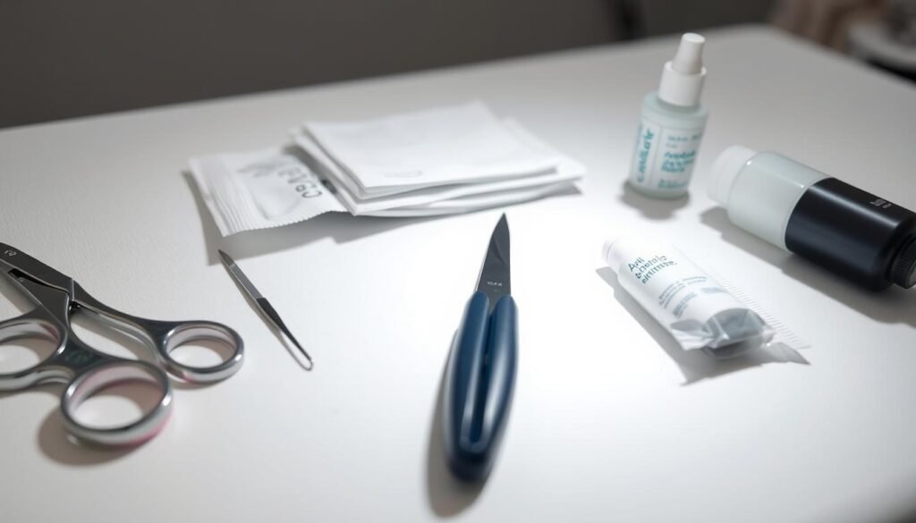 A well-lit close-up scene showcasing the preparation for a scar removal treatment at Capri Med Spa. On a clean, sterile white surface, an array of medical-grade tools and supplies are neatly arranged, including a surgical scalpel, antiseptic wipes, gauze pads, and a bottle of topical anesthetic. The lighting is soft and diffused, casting a calming, professional atmosphere. The camera angle is slightly angled to provide a clear view of the treatment setup, conveying a sense of care and attention to detail. The overall mood is one of clinical precision and patient reassurance.