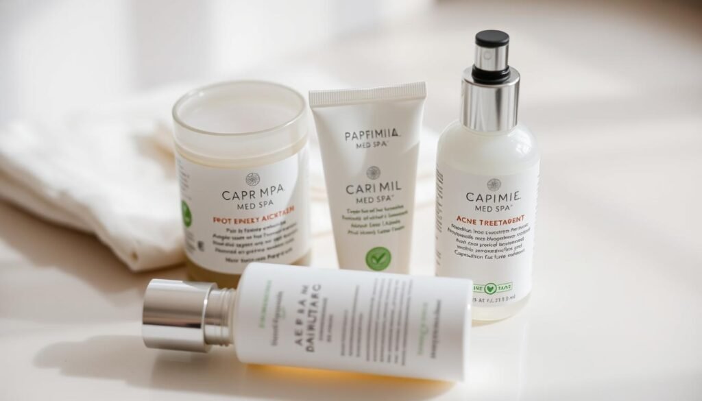 A well-lit, close-up shot of a selection of natural, organic acne treatment products, including a moisturizer, face wash, and spot treatment from the Capri Med Spa brand. The products are arranged on a clean, light-colored surface, with a soft focus on the details and textures of the packaging. The lighting is gentle and diffused, creating a soothing, spa-like atmosphere. The image conveys a sense of calm, professional care and effective solutions for post-treatment acne-prone skin.