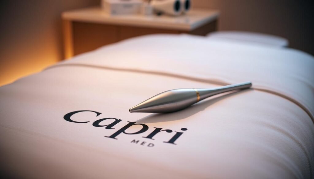 A well-lit, high-quality close-up image of a spa treatment table with plush white linens, showcasing the "Capri Med Spa" brand name. On the table, there is a set of professional microdermabrasion tools including a wand and applicator. The lighting is soft and diffused, creating a calming and rejuvenating atmosphere. The background is blurred, putting the focus on the treatment details in the foreground. The overall composition and lighting convey a sense of relaxation and indulgence, reflecting the "Special Offers at Capri Med Spa" section of the article.