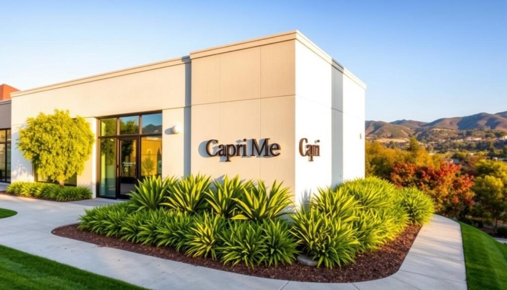 A well-lit, high-resolution photograph of the exterior of Capri Med Spa, a modern medical spa building located in Altadena, California. The building has a sleek, contemporary design with large windows and a clean, minimalist facade. The foreground features a neatly landscaped garden with lush greenery and a paved walkway leading to the entrance. The middle ground showcases the building's signage, prominently displaying the "Capri Med Spa" brand name. The background features a picturesque view of the surrounding neighborhood, with rolling hills and vibrant foliage. The overall atmosphere conveys a sense of professionalism, tranquility, and welcoming ambiance, suitable for a medical spa offering scalp micropigmentation services.