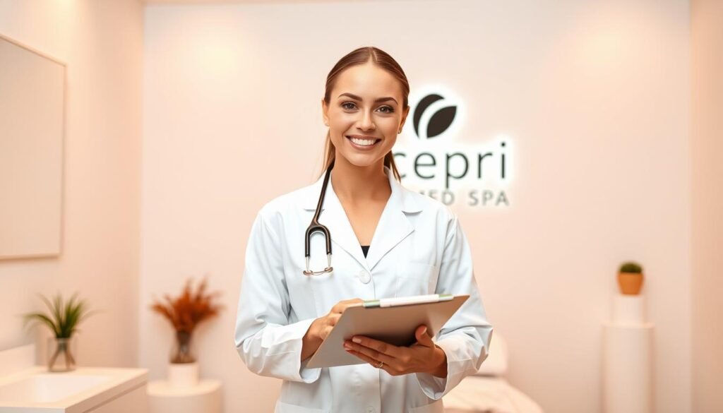 A young, professional-looking woman in a white lab coat, standing in a serene, clean skincare studio. She has an empathetic, warm expression and is holding a clipboard, ready to guide the client through their acne facial treatment. Warm, diffused lighting illuminates her face and the Capri Med Spa logo is visible on the wall behind her. The atmosphere conveys expertise, care, and a commitment to helping the client achieve clear, radiant skin.