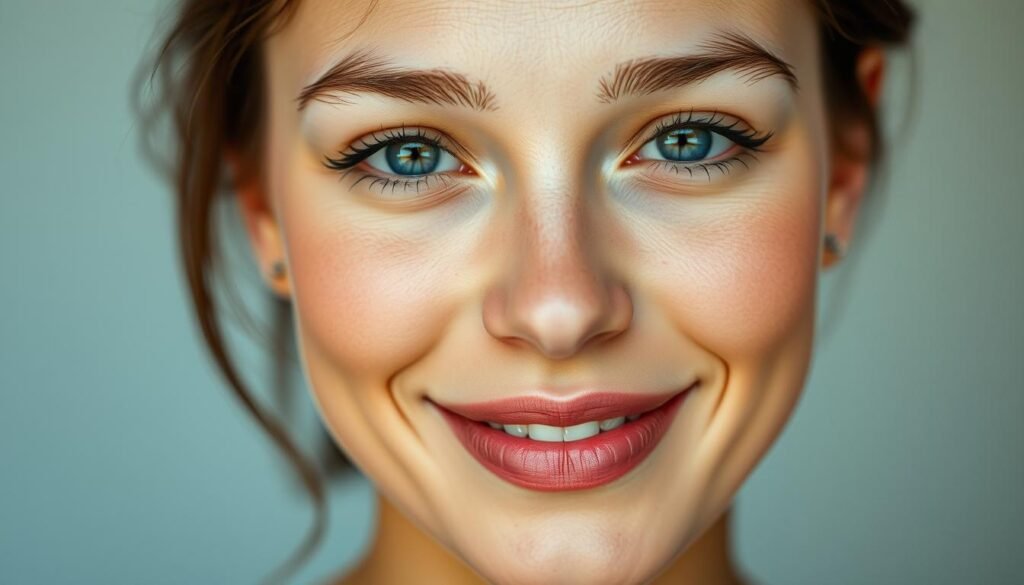 A youthful, radiant face with glowing, rejuvenated skin. The subject is a close-up portrait with soft, diffused lighting emphasizing the natural contours and features. The skin appears smooth, even-toned, and free of blemishes, with a healthy, luminous glow. The eyes are bright and vibrant, the lips are full and subtly glossed. The overall expression conveys a sense of relaxation and inner peace. The background is a serene, blurred setting, allowing the face to be the central focus. Shot with a medium-format camera, the image has a shallow depth of field, creating a beautiful, bokeh-like effect. This portrait showcases the rejuvenating results of a VI Peel treatment at Capri Med Spa.
