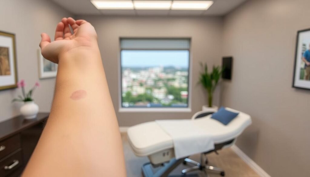 Altadena birthmark removal results, showcasing a serene and professional setting at Capri Med Spa. A patient's arm in the foreground, the skin now smooth and unblemished, a testament to the clinic's expertise. Mid-ground, a tranquil medical examination room, with muted tones and soft lighting that evoke a sense of comfort and care. In the background, a view of the Altadena cityscape, hinting at the accessibility and convenience of the clinic's location. The overall atmosphere conveys the confidence and well-being the patient has regained through the clinic's effortless birthmark removal treatment.