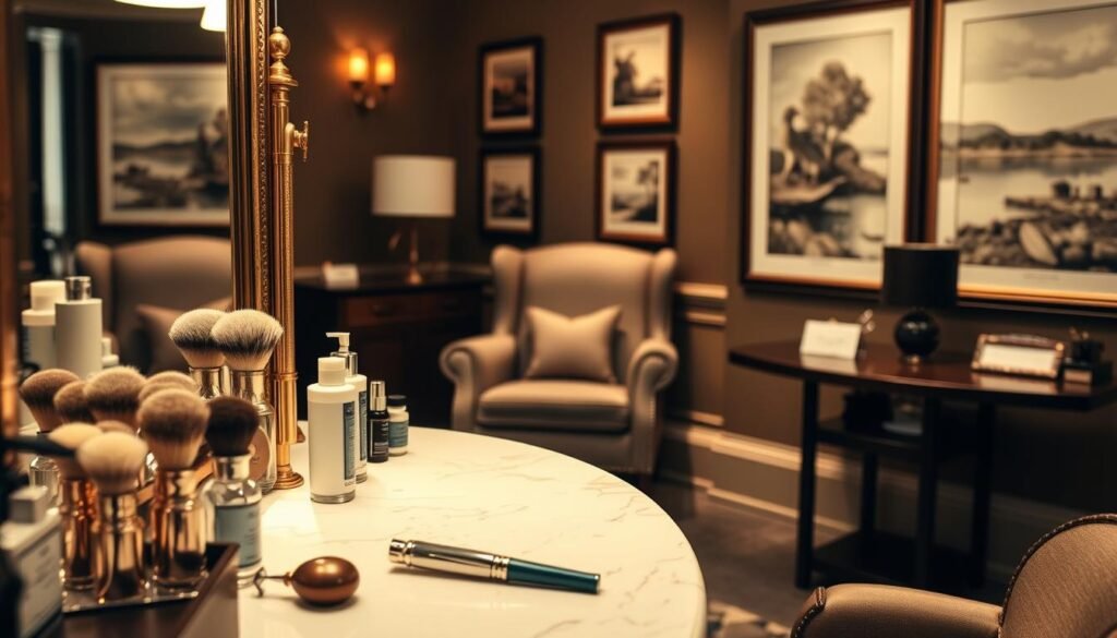 An elegant display of gentleman's grooming services at Capri Med Spa. In the foreground, a well-appointed vanity showcases artfully arranged shaving brushes, razors, and luxurious skincare products. Soft lighting emanates from a period-style mirror, casting a warm, inviting glow. In the middle ground, a plush armchair sits ready to welcome the discerning client, surrounded by tasteful, masculine decor. The background features a wall adorned with framed vintage illustrations and serene landscape paintings, evoking a refined, genteel ambiance. The overall scene conveys a sense of timeless sophistication, where the discerning gentleman can indulge in the finest grooming rituals at Capri Med Spa.