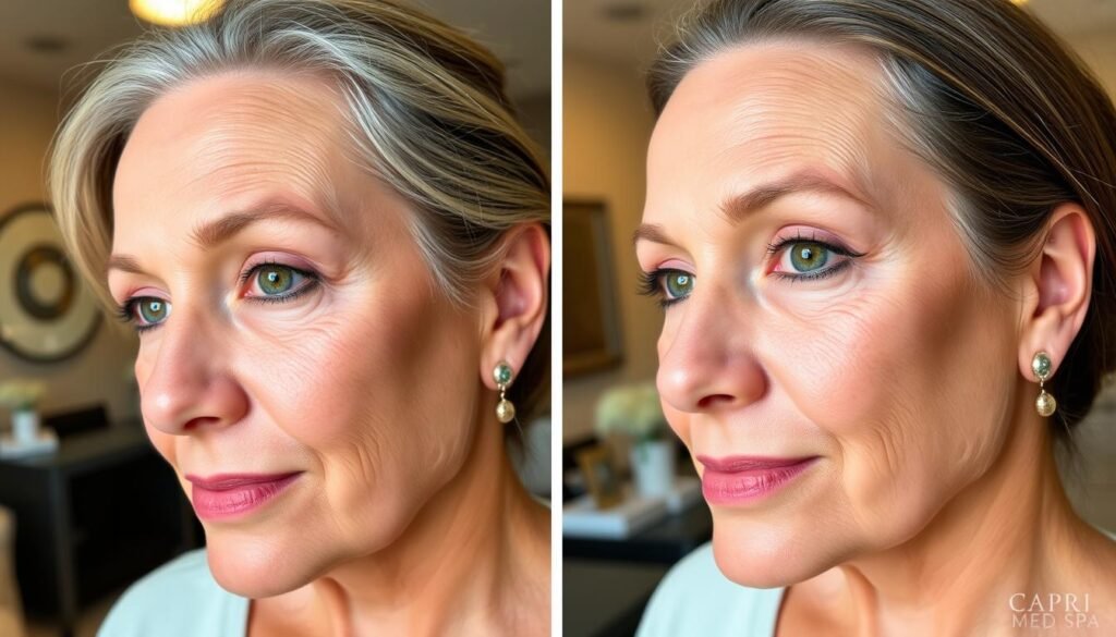 Botox before and after photos, Toluca Lake. Two side-by-side portraits showcasing the dramatic transformation. The first image depicts an aging face with wrinkles and fine lines. The second image reveals a rejuvenated, youthful visage with smooth, radiant skin. Soft lighting from above accentuates the natural contours. Captured with a DSLR camera, the images convey a sense of clinical professionalism. In the background, the serene, upscale ambiance of Capri Med Spa is evident, setting the tone for a high-quality medical aesthetic experience.