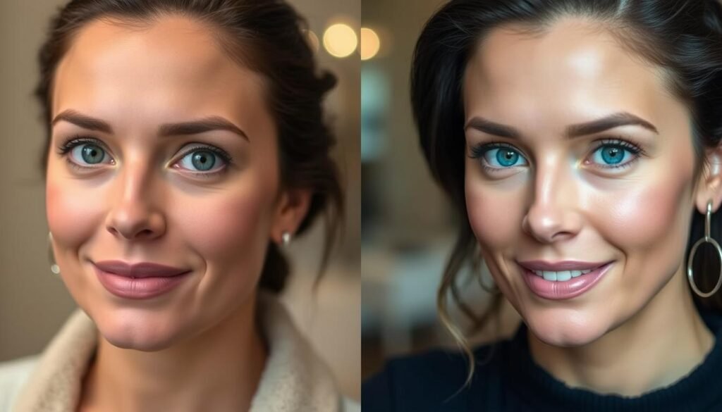 Captivating before and after images showcasing the remarkable jawline transformation of Capri Med Spa's clients in Toluca Lake. In the first shot, the subject's facial contours appear subtler, with a less defined jawline. The second image unveils a more sculpted, chiseled look, thanks to the expert application of jawline fillers by the skilled practitioners at Capri Med Spa. The lighting is soft and flattering, capturing the natural beauty and confidence radiating from the subject. The background blurs pleasantly, keeping the focus on the subject's striking facial features. The overall mood is one of refinement, elegance, and the satisfaction of achieving a desired aesthetic outcome.