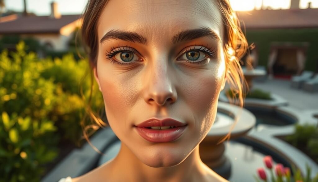 Cheeks enhancement in Toluca Lake, a serene and lush suburb, bathed in warm, soft lighting. A model's face, captured with a telephoto lens, showcases the transformative power of Capri Med Spa's artful cheek fillers. Skin radiates a healthy, youthful glow, as delicate highlights accentuate the natural contours. The middle ground features a tranquil outdoor setting, with lush greenery and a calming water feature. In the background, the charming architecture of Toluca Lake sets the scene, creating an inviting and relaxing atmosphere. This image aims to inspire confidence and showcase the potential of tailored cheek enhancements for the ideal Toluca Lake candidate.