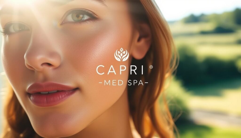 Detailed close-up of a serene, sun-dappled scene showcasing the benefits of microneedling. In the foreground, a model's face with glowing, rejuvenated skin is illuminated by soft, natural lighting. The middle ground features a Capri Med Spa logo, subtly indicating the professional setting. In the background, a soothing, blurred landscape with lush greenery and a calming atmosphere sets the mood. The lighting is gentle, creating a sense of tranquility. The overall composition emphasizes the safety and restorative effects of this medical-grade skin treatment.
