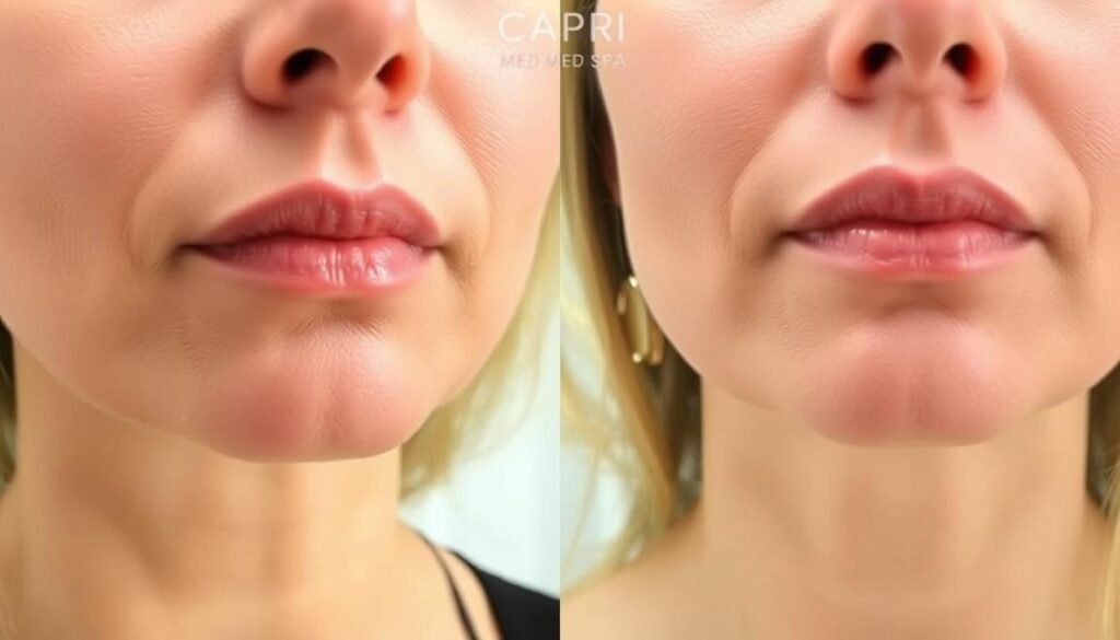 Detailed close-up photograph of a person's face showcasing the results of a Kybella treatment performed at Capri Med Spa. The image should depict a well-defined, sculpted jawline and chin area with minimal submental fat. Lighting should be soft and flattering, highlighting the contours of the face. The angle should be slightly elevated, providing a flattering perspective. The background should be blurred, keeping the focus on the facial features. The overall mood should convey confidence, a youthful appearance, and the successful outcome of the Kybella procedure.