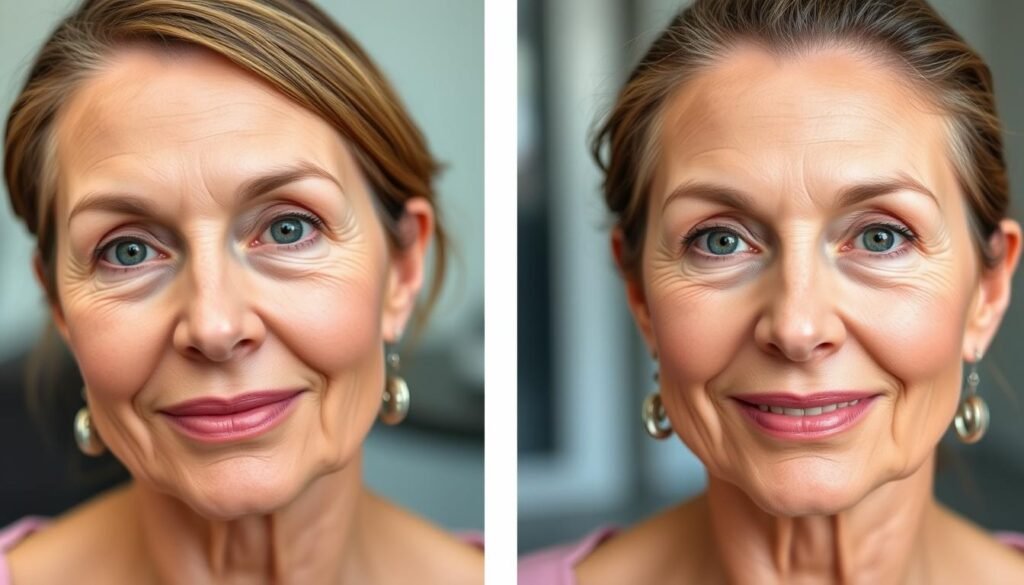 Facial rejuvenation before and after: Two high-resolution, side-by-side portraits depicting a woman's transformation. In the "before" image, her skin appears dull and lined, with visible signs of aging. The "after" image showcases a vibrant, youthful complexion with a radiant glow, reduced wrinkles, and a more lifted, revitalized appearance. Captured in natural lighting with a shallow depth of field, the images convey the dramatic results of a rejuvenating treatment at Capri Med Spa. The woman's expression exudes confidence and satisfaction with her refreshed look.