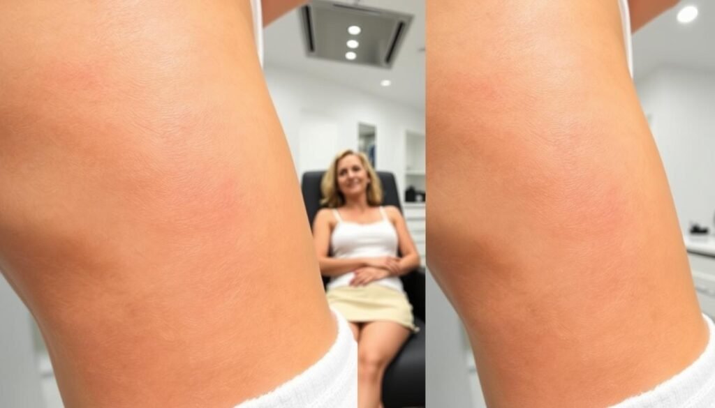 High-quality, realistic before and after photographs of laser hair removal treatments at Capri Med Spa in Altadena. In the foreground, detailed close-up shots of the treatment area on a diverse range of skin tones, showcasing the dramatic reduction in hair density and smoothness of the skin post-treatment. In the middle ground, a patient in a relaxed, comfortable pose, their expression conveying satisfaction with the results. The background features a clean, modern medical environment with soft, indirect lighting that enhances the treatment's professionalism. The images evoke a sense of trust, expertise, and transformative results that align with the "Client Testimonials and Success Stories" section.