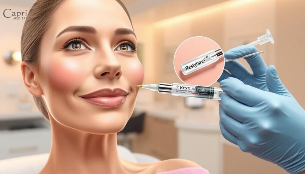 Restylane Treatment Process: A detailed medical illustration showcasing the Restylane treatment procedure at Capri Med Spa. In the foreground, a cosmetologist meticulously injects Restylane filler into the patient's face, focusing on the laugh lines and cheeks. The middle ground depicts the Restylane compound working to restore volume and smooth wrinkles. In the background, a clean, modern medical setting with warm lighting sets the tone. The image conveys a sense of professionalism, care, and the transformative power of the Restylane treatment.
