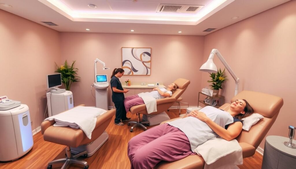 Scar removal Altadena at the Capri Med Spa. A tranquil, serene treatment room with soft lighting and calming pastel colors. Plush, comfortable medical treatment chairs. Sleek, modern medical equipment and devices for scar reduction procedures. Skilled clinicians in scrubs and lab coats perform gentle, high-tech treatments. Patients resting peacefully as their scars fade away, revealing smoother, healthier skin. Warm, natural tones and textures create a welcoming, professional atmosphere.