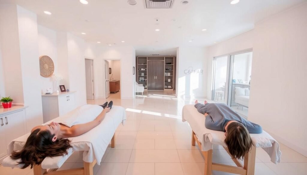 Toluca Lake spa services before and after photos: A serene, light-filled Capri Med Spa interior, with clean white walls and gleaming tile floors. In the foreground, two individuals recline on plush massage tables, faces tranquil, as skilled technicians perform soothing treatments. The middle ground showcases a variety of beauty and wellness offerings - from facials and body wraps to aromatherapy and hydrotherapy. In the background, a row of private treatment rooms, their doors ajar, hint at the personalized care and transformative experiences awaiting clients. Soft, natural lighting filters in, creating a calming ambiance that radiates wellbeing and relaxation.