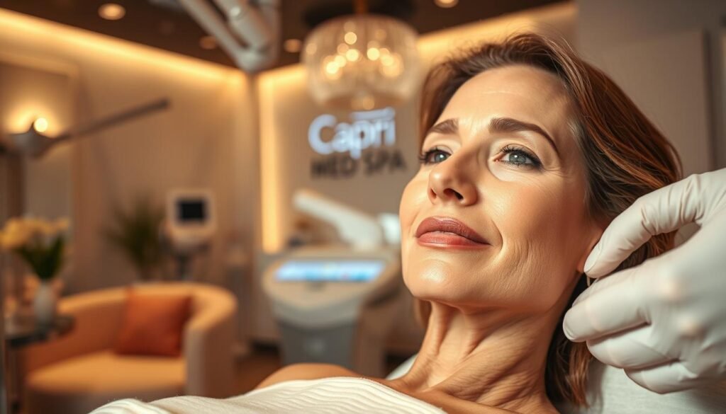 Wrinkle-free radiance in Toluca Lake: a high-resolution close-up showcasing the elegant interior of Capri Med Spa, with its soft lighting, plush furnishings, and tranquil ambiance. The foreground features a serene, middle-aged woman receiving a rejuvenating treatment, her skin glowing with a youthful, luminous finish. In the background, sleek medical equipment and discreet signage subtly indicate the advanced, professional nature of the services offered. The overall mood is one of relaxation, refinement, and the promise of restored vitality, capturing the essence of Capri Med Spa's commitment to exceptional wrinkle removal treatments.