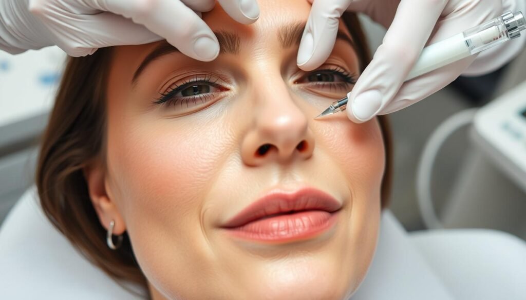 a close-up view of a woman's face undergoing a cheek filler procedure at Capri Med Spa, a well-lit and sterile medical setting with clean surfaces and professional medical equipment visible in the background, the skin on the woman's cheeks appears smooth and youthful as the clinician carefully injects the filler using a fine needle, creating a natural and rejuvenated appearance, the woman's expression is calm and relaxed, the lighting is soft and flattering, and the overall scene conveys a sense of expertise, care, and confidence in the medical treatment.