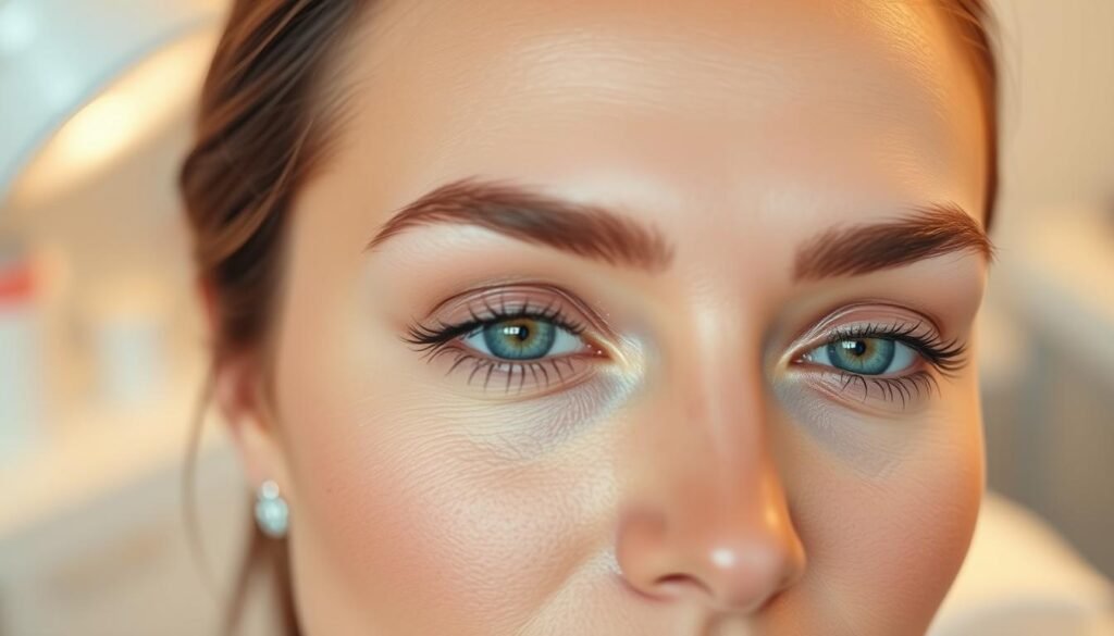 a high-resolution, photorealistic image of a woman's face, focused on her eyebrows. The eyebrows are subtly enhanced, with a natural and well-groomed appearance. The skin tone is even and healthy, with a soft, glowing complexion. The lighting is warm and flattering, creating a gentle, relaxed atmosphere. In the background, there is a clean, minimalist setting, suggesting a professional beauty treatment environment like Capri Med Spa. The overall composition and styling convey a sense of post-procedure care and maintenance, with the enhanced eyebrows as the central focus.