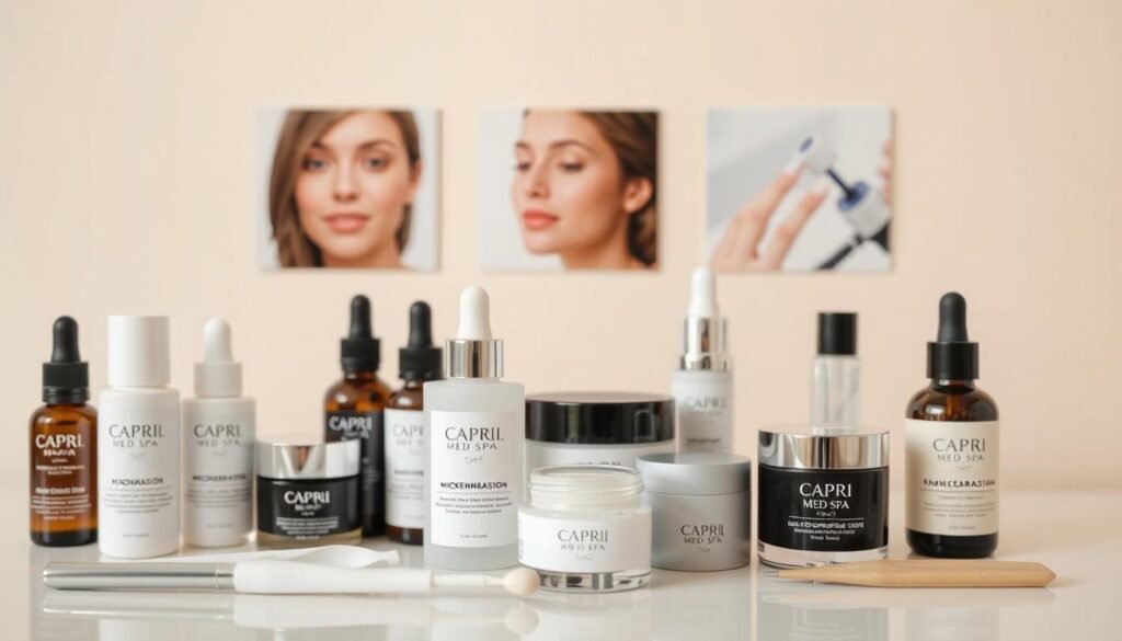 A beautifully lit, closeup photograph of various age spot removal techniques and products, displayed on a clean, minimalist background. In the foreground, a selection of high-quality serums, creams, and tools from the Capri Med Spa skincare line, arranged neatly. The middle ground showcases different methods of age spot treatment, such as microdermabrasion, chemical peels, and laser therapy, depicted in a clinical yet visually appealing manner. The background features a soothing, pastel-colored wall, creating a calming, professional atmosphere. The overall image conveys a sense of expertise, efficacy, and the advanced skincare solutions available at the Capri Med Spa.