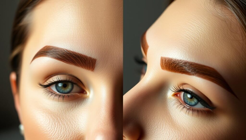 A beautifully lit, highly detailed comparative close-up illustration showcasing the subtle differences between powdered brows and microblading techniques. In the foreground, the exquisitely groomed brows of a model from Capri Med Spa in Sherman Oaks, accentuated by soft, directional lighting. The middle ground features a side-by-side comparison, with the powdered brows on the left and the delicate, hair-like strokes of microblading on the right. The background is a serene, out-of-focus studio setting, allowing the brows to take center stage. The overall mood is one of refinement and aesthetic excellence, inviting the viewer to closely examine and appreciate the nuanced artistry of these brow enhancement methods.