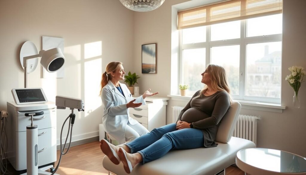 A bright, airy examination room at Capri Med Spa. A patient sits on an examination table, discussing their stretch mark concerns with a caring, attentive dermatologist. Soft natural light filters in through large windows, casting a warm glow. The dermatologist gestures animatedly, explaining the various stretch mark removal treatments available. The patient's expression is one of hopeful anticipation. Medical equipment and soothing decor create a professional yet welcoming atmosphere, instilling confidence in the Capri Med Spa's expertise.