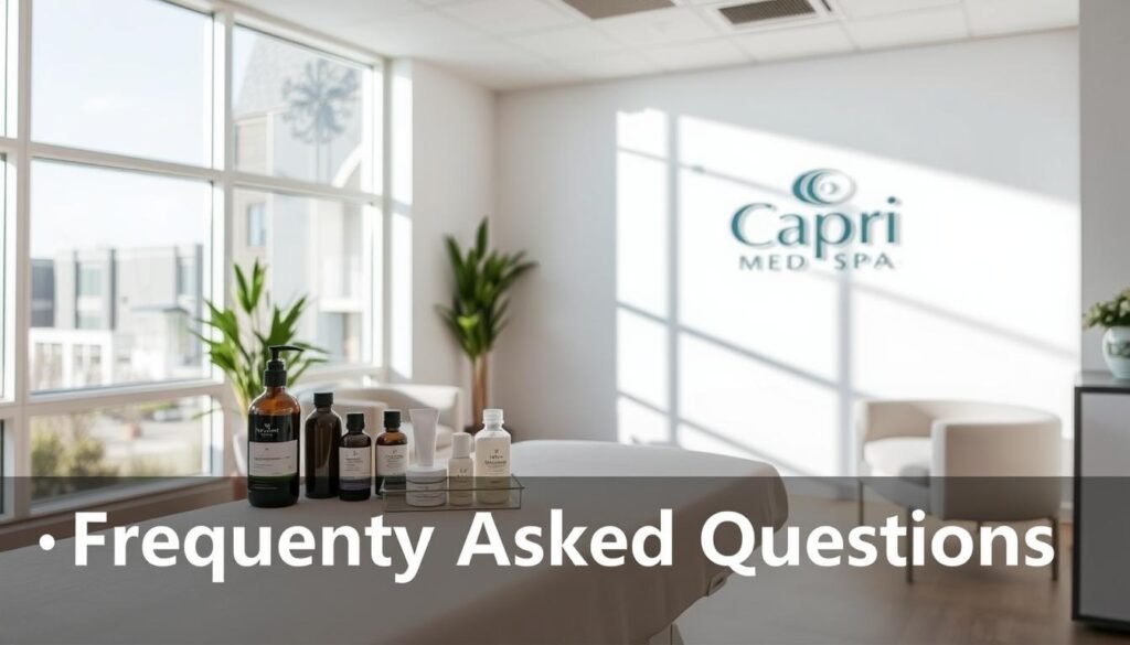 A bright and airy Capri Med Spa interior, with large windows flooding the space with natural light. In the foreground, a sleek treatment table stands ready, its surface adorned with bottles and tools for age spot removal services. The middle ground features a serene waiting area with plush chairs and a modern aesthetic. The background showcases the spa's branding, including the "Capri Med Spa" logo prominently displayed on the wall. The overall atmosphere conveys professionalism, cleanliness, and a relaxing ambiance for the "Frequently Asked Questions" section of the article.