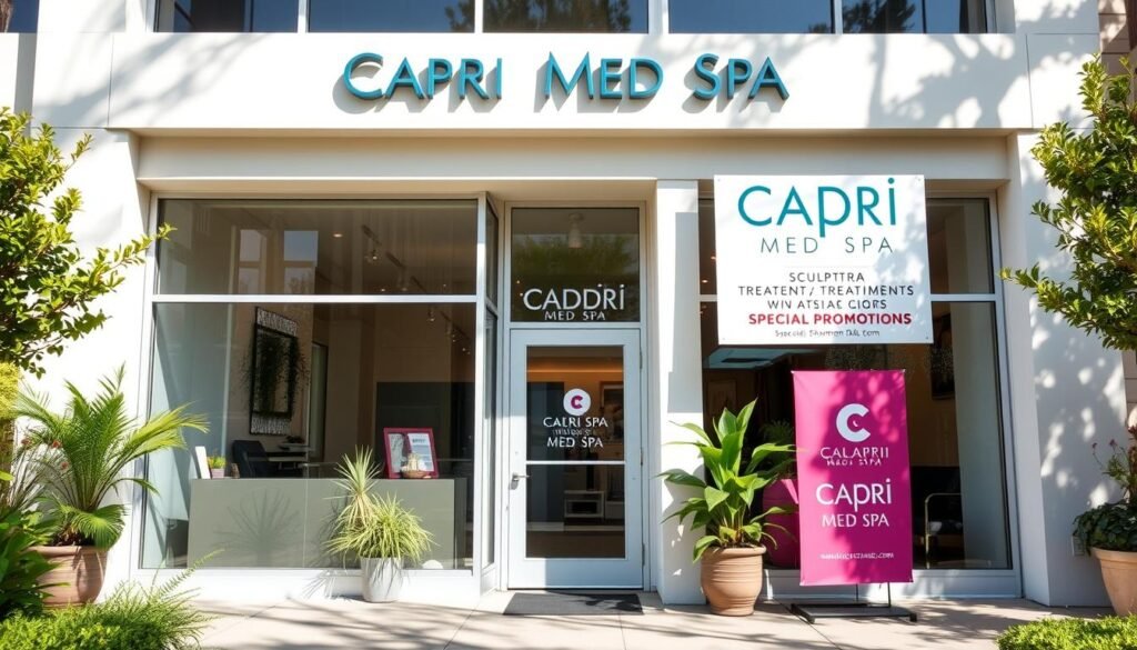 A bright, welcoming facade of the Capri Med Spa in Sherman Oaks, California. The building's exterior features a modern, minimalist design with clean lines and large windows that allow natural light to flood the interiors. The entrance is marked by a prominent Capri Med Spa sign, framed by lush greenery and potted plants. The scene conveys a sense of tranquility and professionalism, hinting at the high-quality Sculptra treatments and special promotions available within. The image is captured from a slight angle, creating depth and emphasizing the welcoming atmosphere.