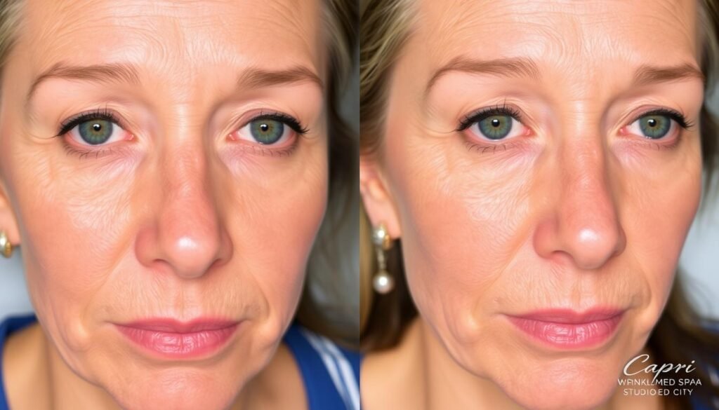 A close-up comparison of a client's face before and after undergoing wrinkle removal treatments at Capri Med Spa's Wrinkle Removal Studio City. The left side depicts the subject's face with visible wrinkles and fine lines, while the right side showcases a smoother, more youthful complexion with reduced signs of aging. The lighting is soft and natural, highlighting the skin's texture and tone. The camera angle is slightly tilted to capture the subject's face at a flattering angle. The overall mood is one of transformation and rejuvenation, inviting the viewer to imagine the potential benefits of the treatments offered at Capri Med Spa.
