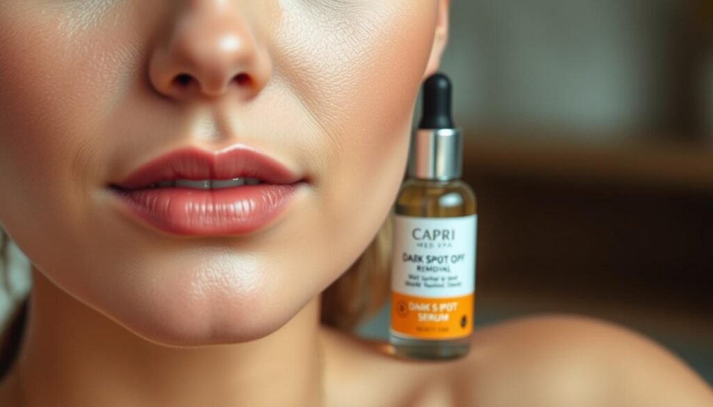 A close-up of a woman's face, with a smooth, clear complexion. The lighting is soft and diffused, creating a warm, inviting atmosphere. In the foreground, the skin appears blemish-free, with an even tone and a subtle glow. In the middle ground, a bottle of Capri Med Spa's dark spot removal serum is prominently displayed, its label clearly visible. The background is slightly blurred, creating a sense of depth and focus on the skin. The overall mood is one of confidence and radiance, reflecting the effectiveness of the dark spot treatment.