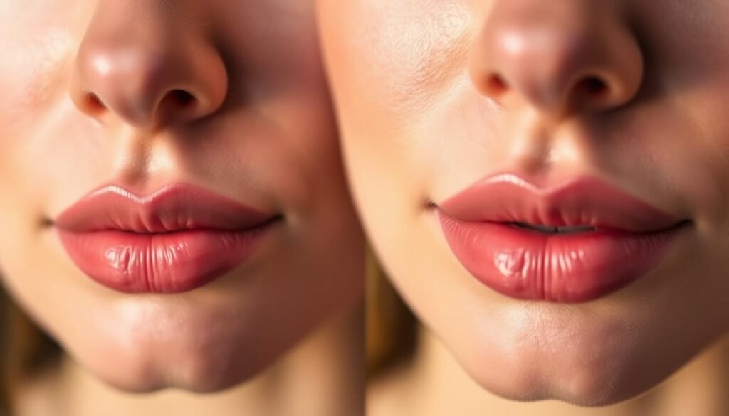 A close-up of two sets of lips, one set showcasing the natural flush and contour of lip blushing, the other displaying the plump and sculpted appearance of lip fillers. The lighting is soft and diffused, creating a warm, inviting atmosphere. The foreground features the lips in sharp focus, while the background is subtly blurred, allowing the viewer to concentrate on the subtle differences between the two treatments. The image is captured with a macro lens, providing intricate details of the lip texture and hues. The overall mood is one of refinement and elegance, highlighting the transformative power of Capri Med Spa's expertise in aesthetic treatments.